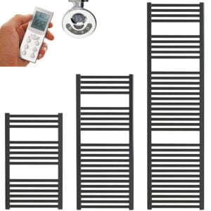 Bellerby Straight Thermostatic Electric Heated Towel Rail, Timer, Black Modern, Stylish Heating Products For Sale. Great Deals Buy Online From Richmond Radiators UK Shop
