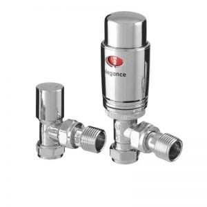 Angled Thermostatic Heated Towel Rail / Radiator Valves – Round, Chrome Modern, Stylish Heating Products For Sale. Great Deals Buy Online From Richmond Radiators UK Shop