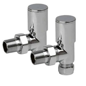 Angled Manual Heated Towel Rail / Radiator Valves – Round, Chrome Modern, Stylish Heating Products For Sale. Great Deals Buy Online From Richmond Radiators UK Shop