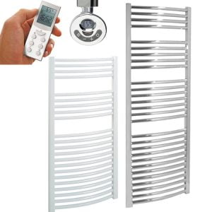 Bellerby Curved Thermostatic Electric Heated Towel Rail, Timer, Remote Modern, Stylish Heating Products For Sale. Great Deals Buy Online From Richmond Radiators UK Shop