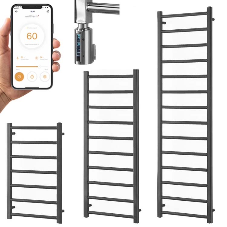 Abby WiFi Modern Thermostatic Electric Heated Towel Rail, Timer, Anthracite Modern, Stylish Heating Products For Sale. Great Deals Buy Online From Richmond Radiators UK Shop