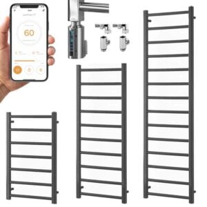 Abby WiFi Modern Thermostatic Dual Fuel Heated Towel Rail, Timer, Anthracite Modern, Stylish Heating Products For Sale. Great Deals Buy Online From Richmond Radiators UK Shop