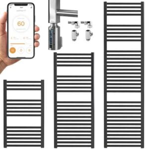 Bellerby WiFi Straight Thermostatic Dual Fuel Heated Towel Rail, Timer, Black Modern, Stylish Heating Products For Sale. Great Deals Buy Online From Richmond Radiators UK Shop
