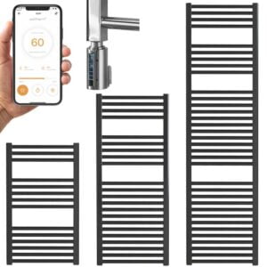 Bellerby WiFi Straight Thermostatic Electric Heated Towel Rail, Timer, Black Modern, Stylish Heating Products For Sale. Great Deals Buy Online From Richmond Radiators UK Shop