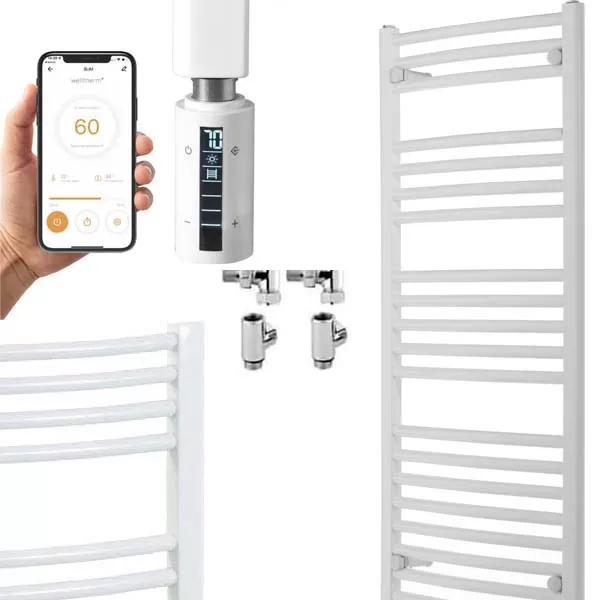 Bellerby Curved White | Dual Fuel Towel Rail with Thermostat, Timer + WiFi Control